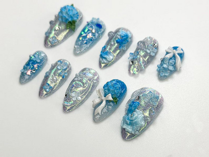 Iridescent Blue Garden Press On Nails 3D Floral Glitter Nails Elegant Blue Press On Nails Handmade Romantic Bridal Set OB774HC