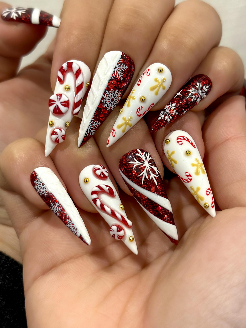 Red Glitter Christmas Press On Nails Nails Candy Cane Christmas Nail Art Holiday Stiletto Nail Art Luxury Festive Press Ons