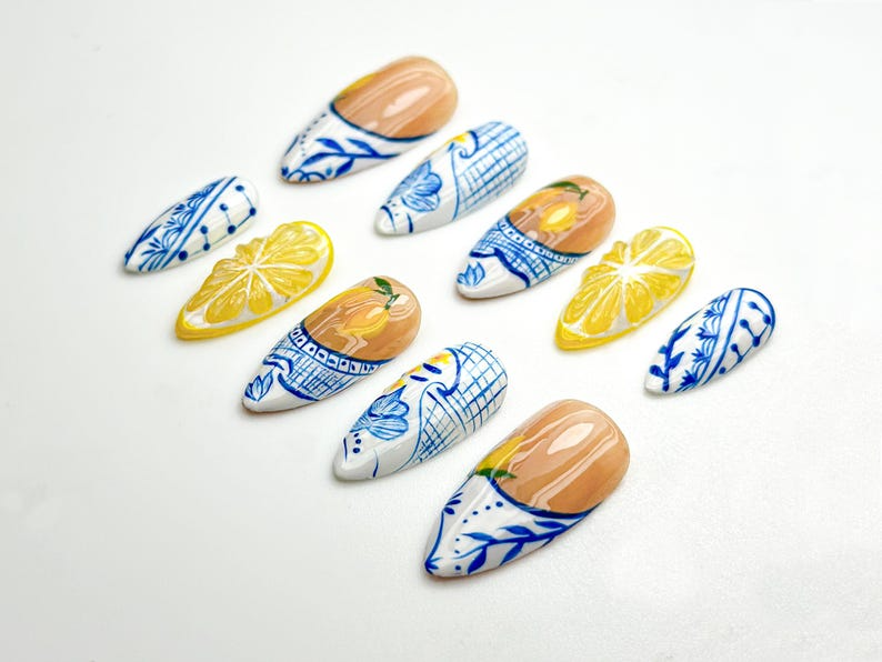 Lemon Garden Press On Nails Blue White Floral Ceramic Nail Art Summer Lemon Zest Nails Fresh Fruit Nails Fresh Nails