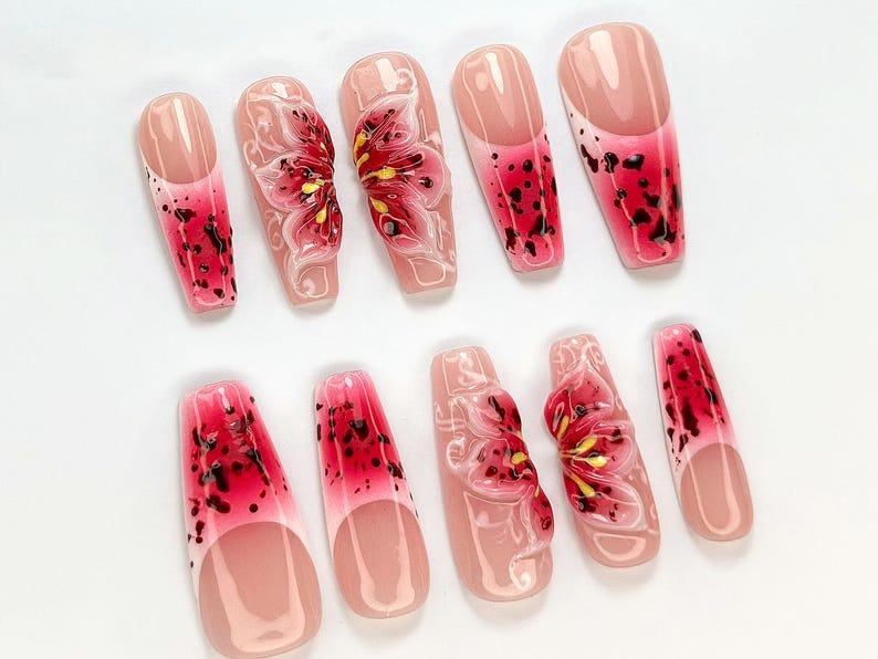 Hot Pink Bloom Press-On Nails Spring Flower Press Ons 3D Flowers Fake Nails| Perfect for Special Occasions Summer CollectionOB768YC