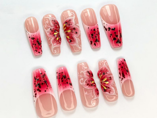 Hot Pink Bloom Press-On Nails Spring Flower Press Ons 3D Flowers Fake Nails| Perfect for Special Occasions Summer CollectionOB768YC