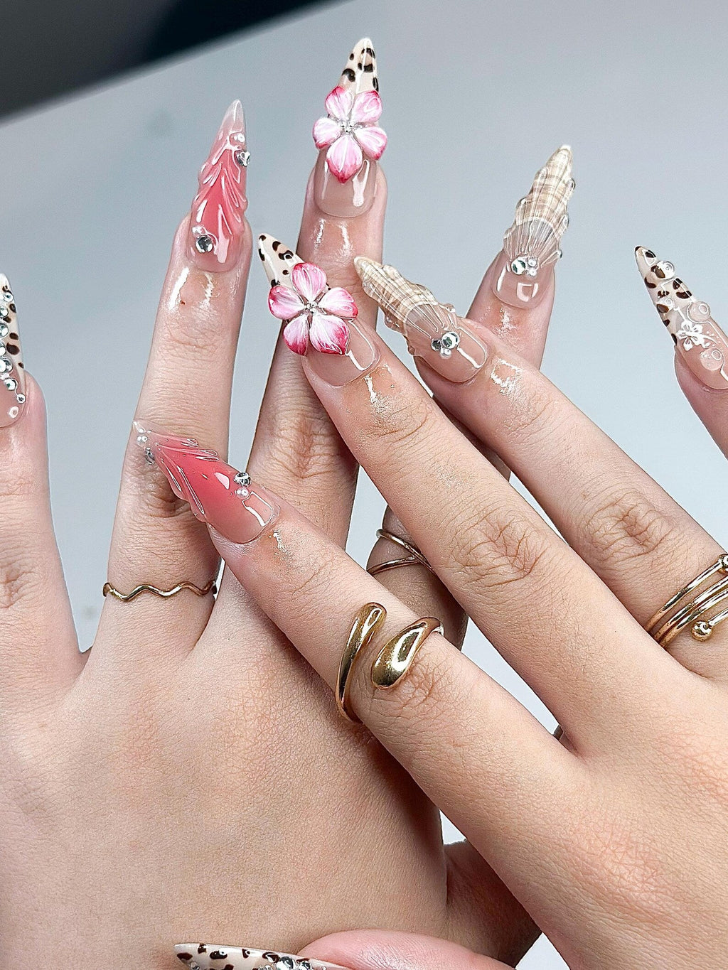 3D Hibiscus Flower & Tropical Muse Nails, Ethereal Goddess Press Ons, Luxury Seashell
