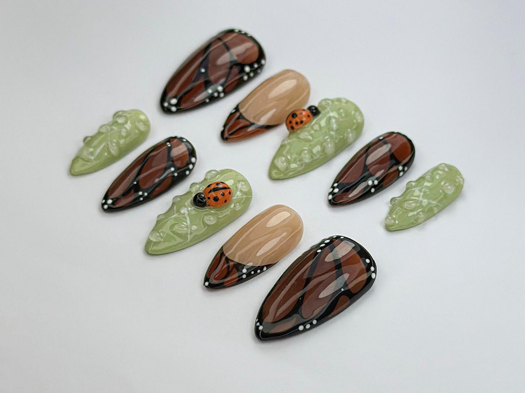 Monarch in Bloom Press On Nails Butterfly & Bug Inspired Press Ons Green And Brown Nail Art Spring Nature Press On Nails OB741H