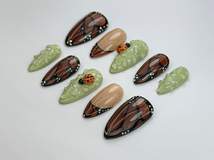 Monarch in Bloom Press On Nails Butterfly & Bug Inspired Press Ons Green And Brown Nail Art Spring Nature Press On Nails OB741H