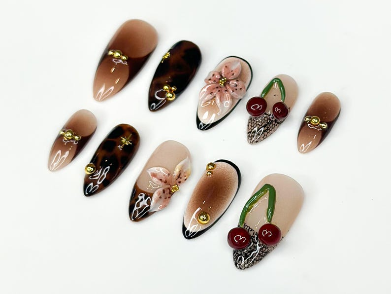 Tortoiseshell Fall Press On Nails 3D Fruit & Floral Nail Art 3D Cherry Blossom Nail Design| Handmade Luxury Nail| Elegant Nail