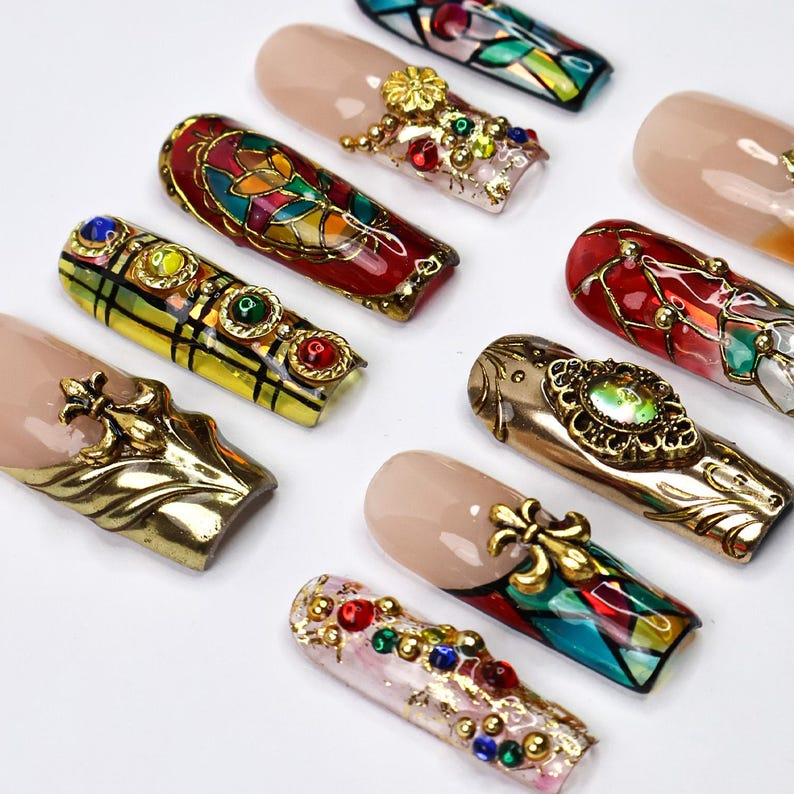 Handmade Baroque 3D Press-On Nails, Stained Glass Vitreaux Design, Long Square Gothic Fake