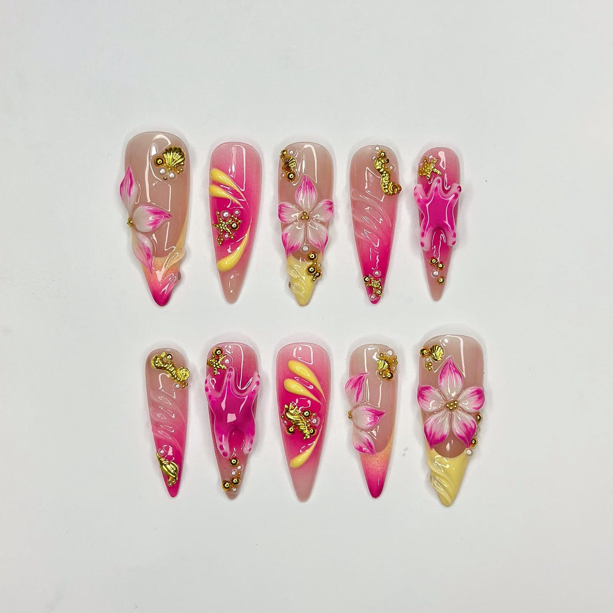 3D Starfish Hibiscus Press On Nails, Neon Pink Yellow Ombre Tropical Summer Fingernails