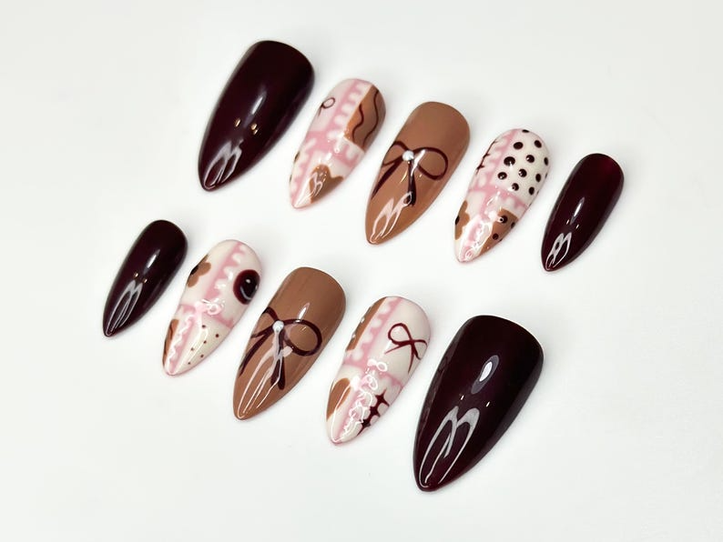 Chocolate Autumn Press On Nails Sweet Treats-Inspired Nail Art Soft Pink & Brown Handcrafted Design Handmade Unique Nail Set
