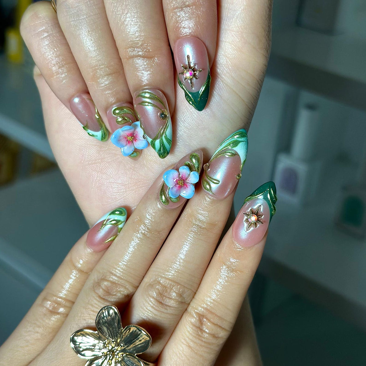 3D Floral Press On Nails Green Leaf Pink Chrome Nails Handmade Flower Nail Art Elegant