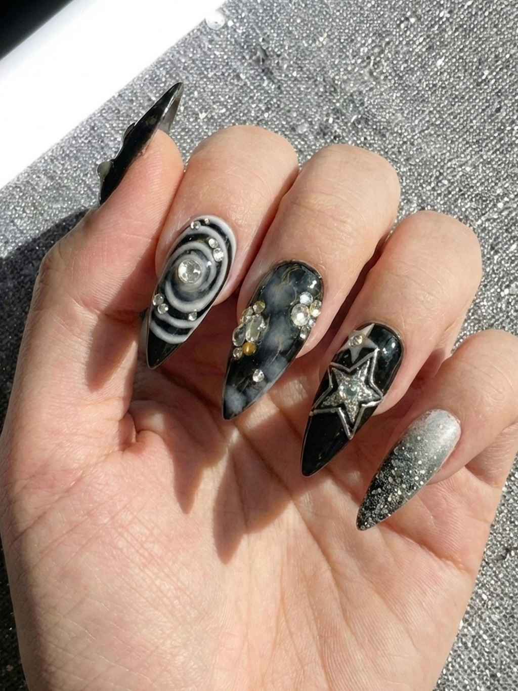 Gothic Black Cat Galaxy Press On Nails for Bold Girls Handmade Silver Star Fake Nails Dark Smoky Crystal Nail Art