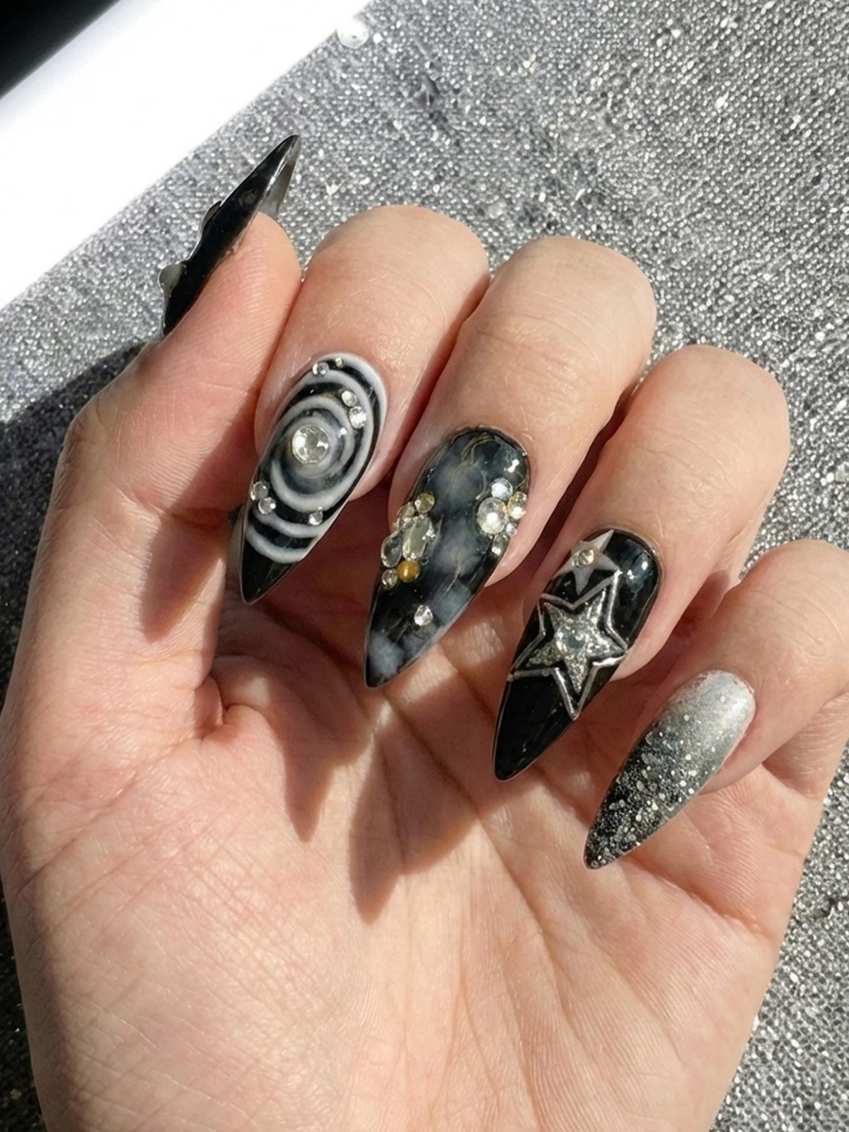 Gothic Black Cat Galaxy Press On Nails for Bold Girls Handmade Silver Star Fake Nails Dark Smoky Crystal Nail Art