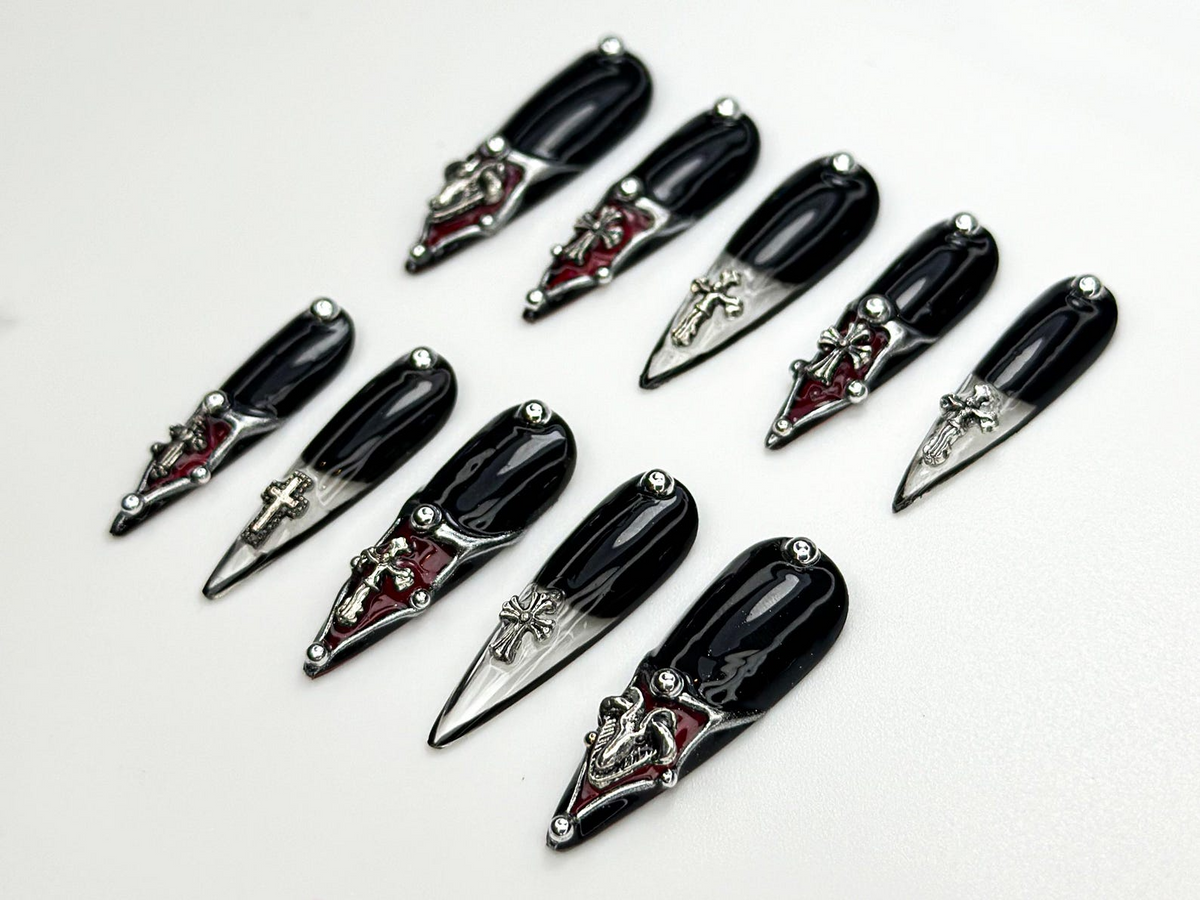 Gothic Cross Tip Press On Nails Vampire Red & Black Nails Gothic Triangle Accent Nails Religious Symbol Nails Dark Glam Nail| OC865H