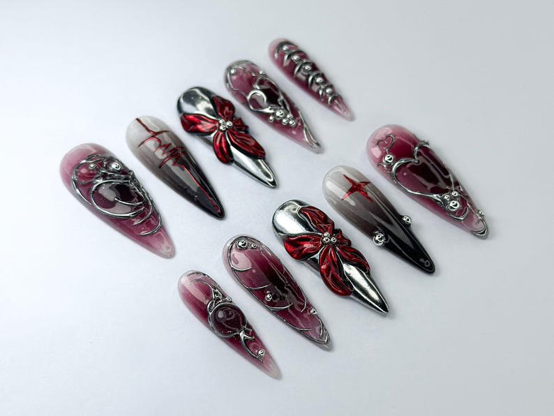 Gothic Blood Red Press-On Nails Edgy Black And Red Press-Ons Gothic Press-On Set Cyberpunk & Gothic Nails OB726HC