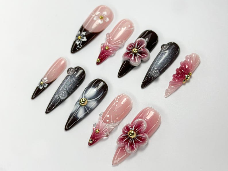 Elegant Red Floral Press On Nails 3D Red Blossom Nail Set Elegant Spring Nails Glossy Floral Nail Set Dark Glam Nails OC756HC