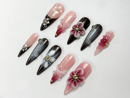 Elegant Red Floral Press On Nails 3D Red Blossom Nail Set Elegant Spring Nails Glossy Floral Nail Set Dark Glam Nails OC756HC