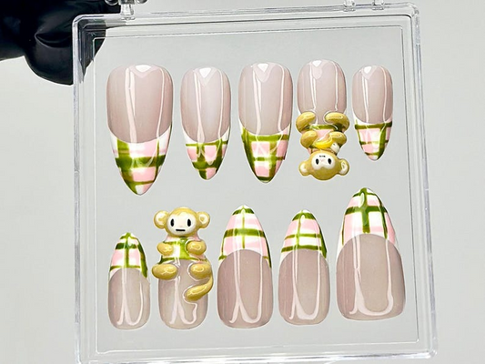 Kawaii Monkey Press On Nails 3D Animal Fake Nails Plaid & Monkey Nail Art Pastel French Tips Press Ons Kawaii Nails OB908YC