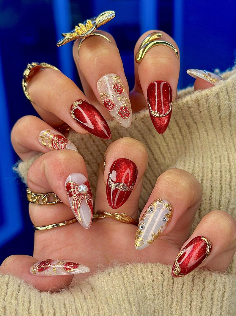 Press On Nails For Christmas Holiday Christmas Nails Gold Leaf Luxury Nail Art Pearl Accent Classy Nails