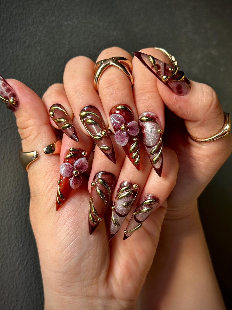 Fall Orchid Press On Nails, Burgundy Floral Nail Art, Luxury Handmade Long Nails, Stiletto