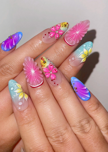 Tropical Bloom Press On Nails 3D Flower Summer Nails Colorful Citrus Slice Nails Hand