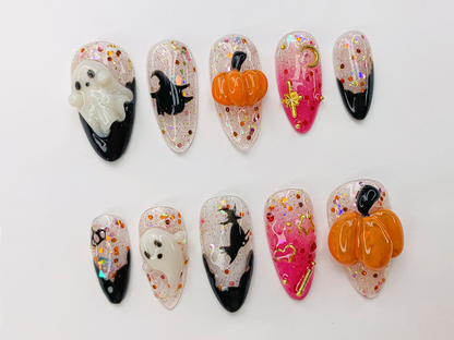 Spooky Halloween Ghost - Pumpkin Press-On Nails 3D Nail Art for Halloween Party Glitter Press-On Nails with Witch - Star Accents