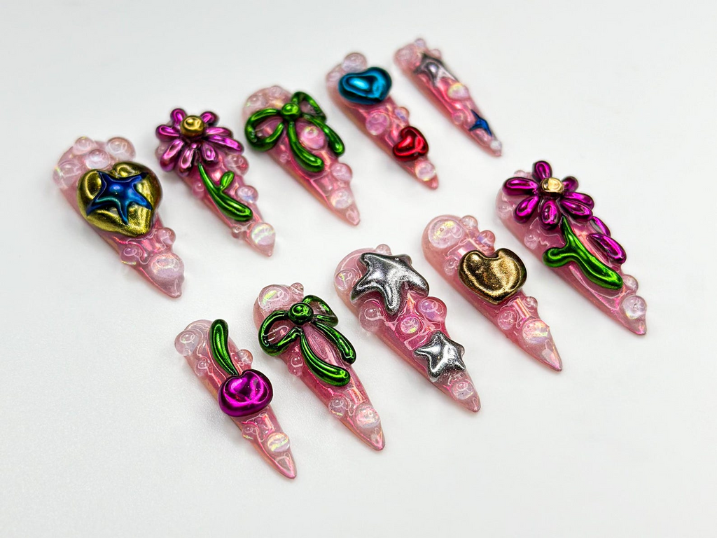 Metallic Bubble Press On Nails 3D Y2K Chrome Star Heart Nails Funky Cute Cherry Bow Nail Art Iridescent Pink Press On Set OB815HK