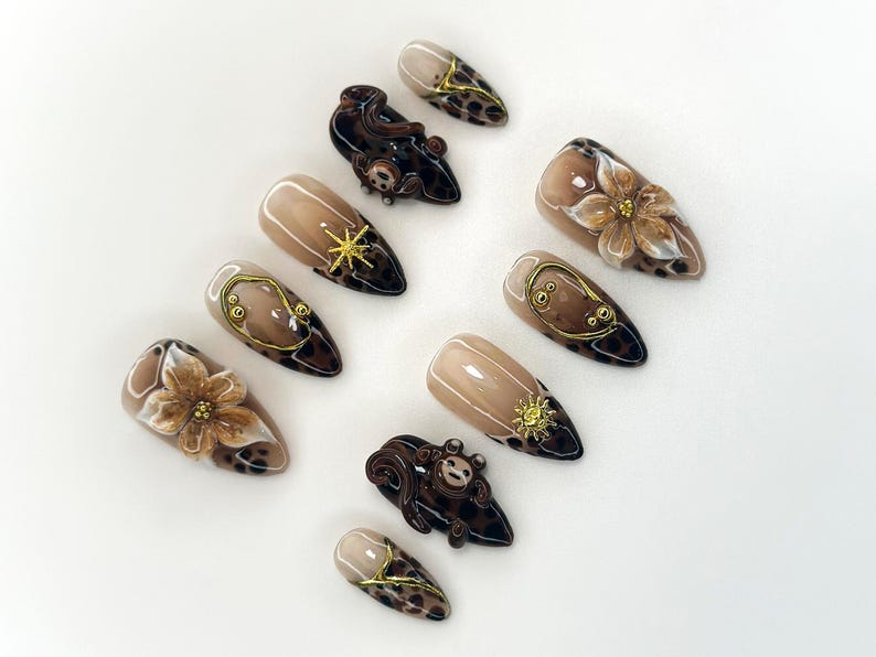 Jungle Safari Monkey Press On Nails 3D Flower & Leopard Print Nail Art Exotic Animal Nail Set Handmade Safari Nails