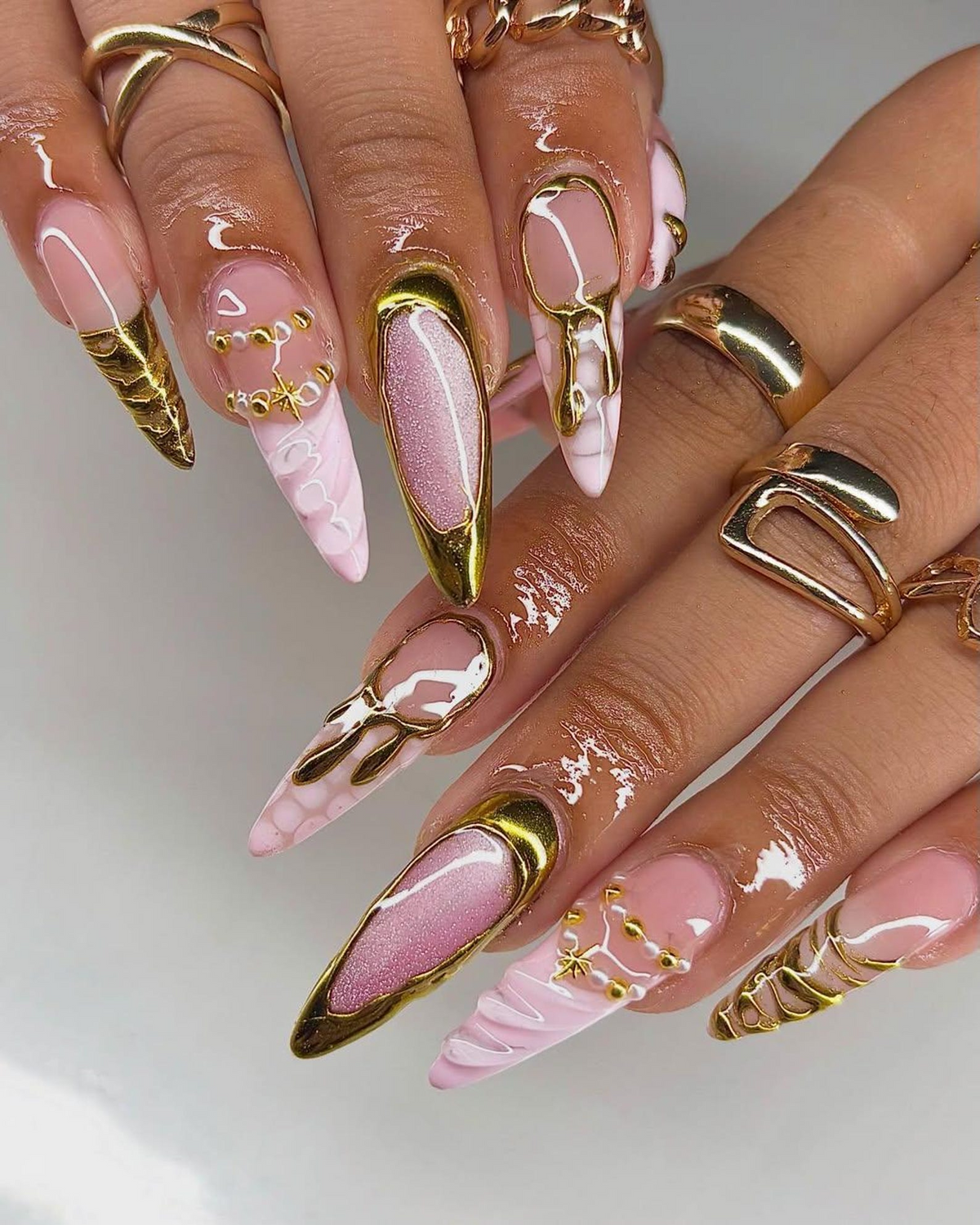 Nude Pink Gold Press On Nails Luxury Molten Metal Nail Art Elegant Long Stiletto Press Ons