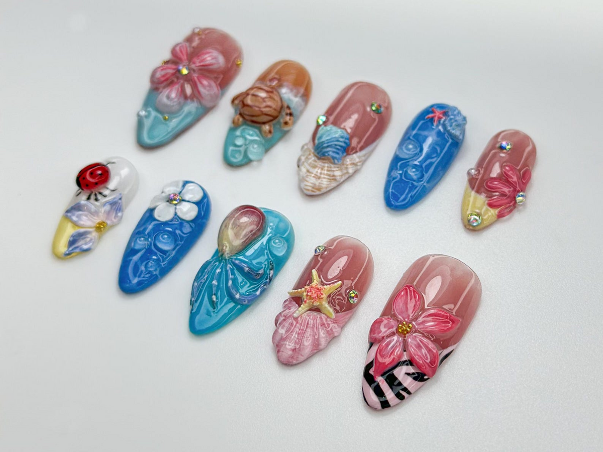 Tropical Sea Turtle Press On Nails 3D Beach Shell & Starfish Nails Handmade Summer Mermaid Vibes Tropical Sea Nail Art OB809HK