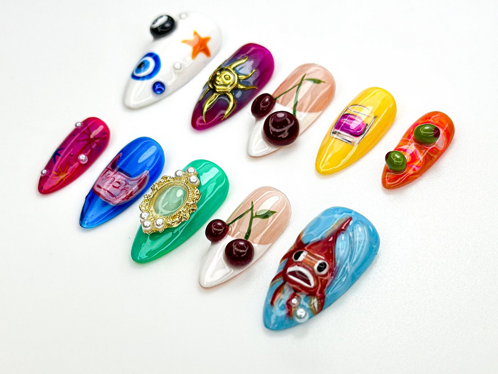 Pop Art Custom Press On Nails Vintage Eye & Fish Nail Art Handmade Funky Artcore Nails Retro Eclectic Press Ons