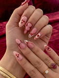 Press On Nails Adhesive Tabs – Pink Red Heart & Bow Design Long Almond Handmade Fake Nails