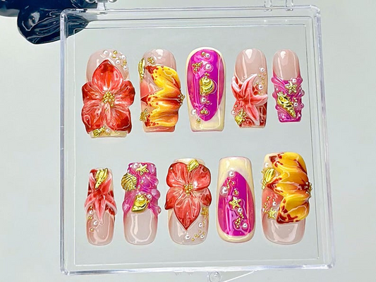 Tropical Hibiscus Press On Nails 3D Floral Summer Fake Nails Summer Bloom Nail Art Sunset Color Bloom Kawaii Nails 3D NailsOB932YC