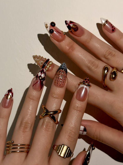 Gold Ring Luxury Press On Nails Pearl Nude & Gold Hardware Nails Luxury Gilded Almond Nail