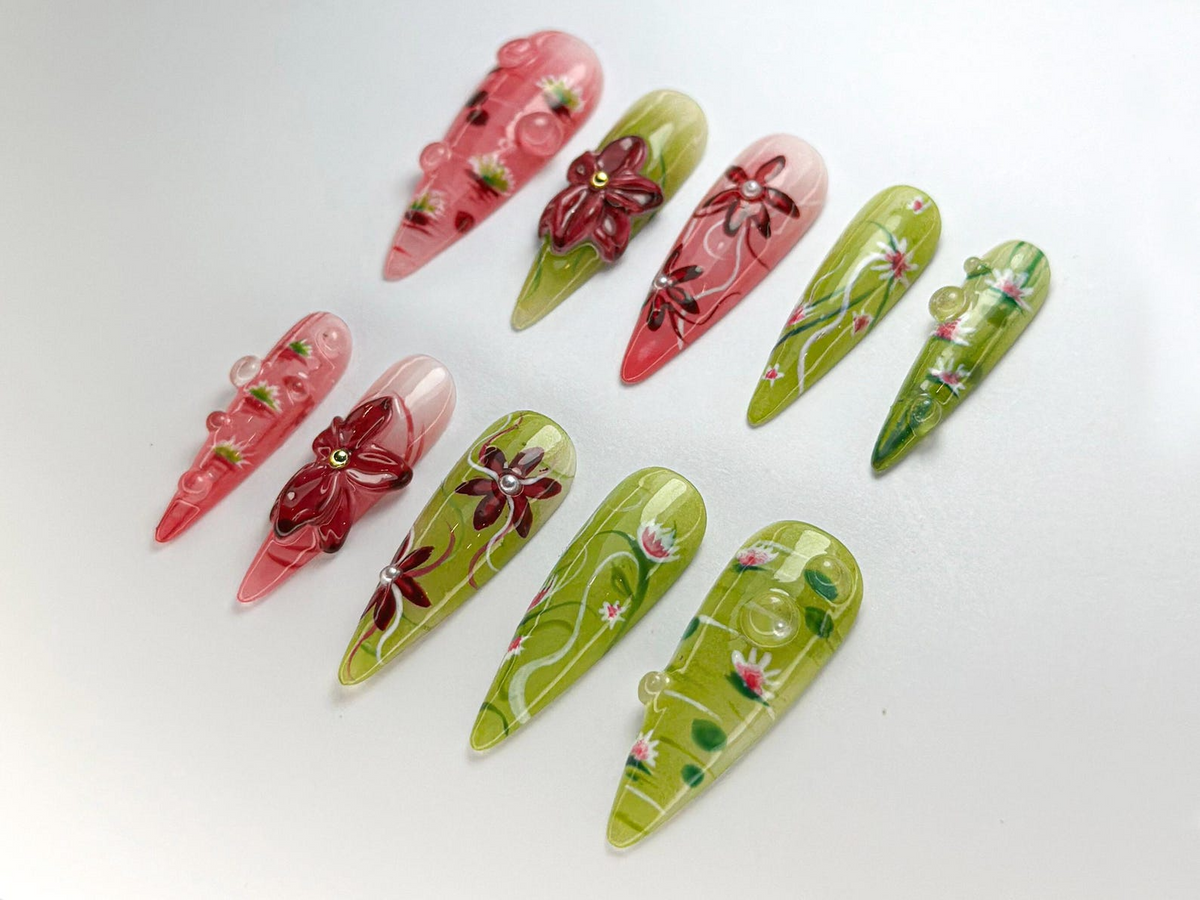 Spring Bloom Press-On Nails Handmade Lotus Blossom Nail Set Pink & Green Lotus Nail Art Nature-Inspired NailsOC720HC