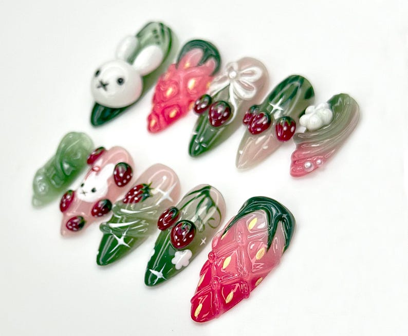 Strawberry Bunny Dreams Press On Nails Cute 3D Fruit Nail Art Sweet Berry Theme Nails Pink 3D Kawaii Nails