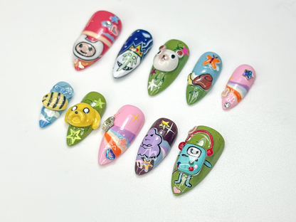 Adventure Time Cute Press On Nails 3D Cartoon Characters & Bee Accents Handmade Pop Culture Nail Art Cute Animation Nail Set