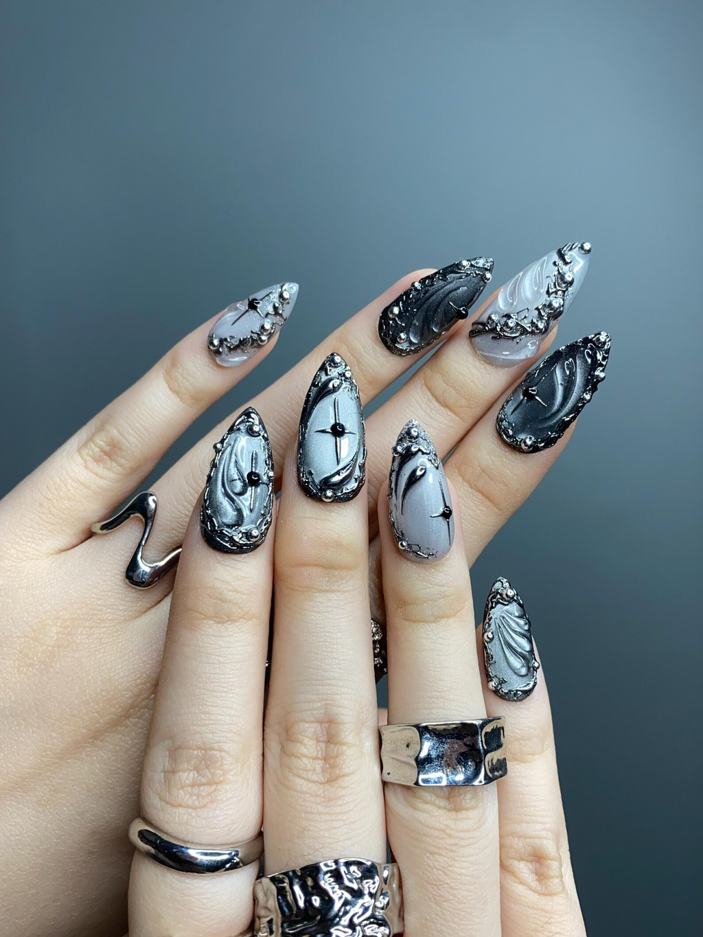 Silver Gothic Press On Nails Black Chrome Metallic Nail Art Handmade Dark Luxury Press Ons
