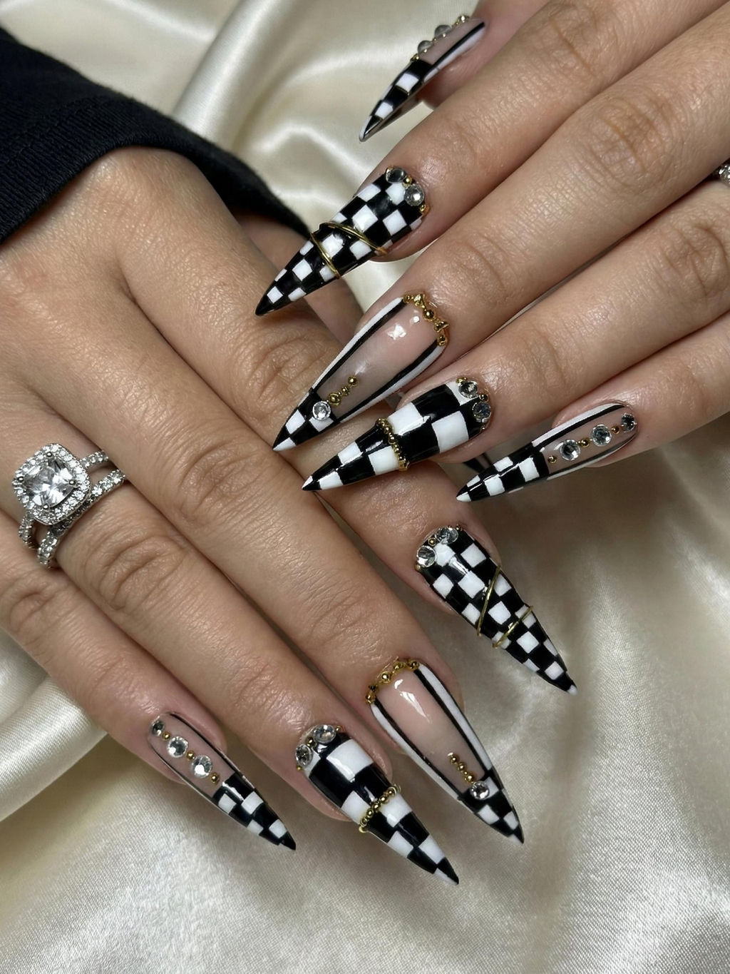 Black & White Gothic Press On Nails Luxury Girl Stiletto Nail Art Gold Accent Checker