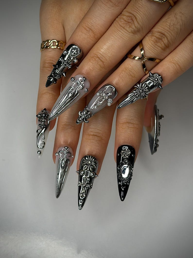 Gothic Silver Sword Press On Nails 3D Cross & Dagger Nail Art Handmade Dark Fantasy Nails Medieval Armor Inspired Press Ons