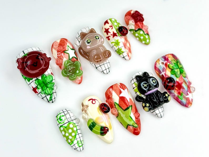 Kawaii Cat & Ladybug Press-On Nails 3D Cute Nail Art Funky Kawaii Fake Nails|Cat Leaf Ladybug Kawaii NailsKawaii Fun Nail SetOB784YC