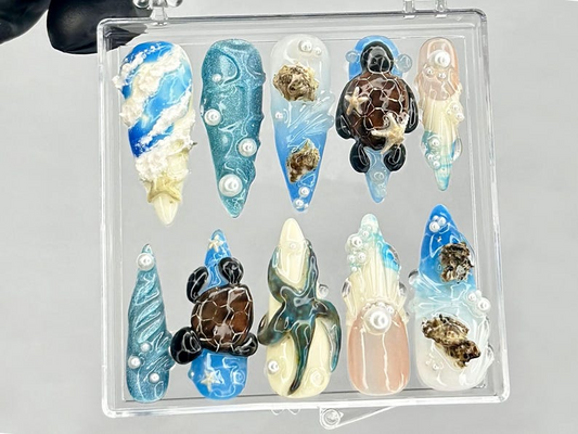 Under the Sea Press On Nails Sea Turtle 3D Nail Art Beach Theme Press Ons Mermaid Core Fake nails Blue Beach Vibes Nails