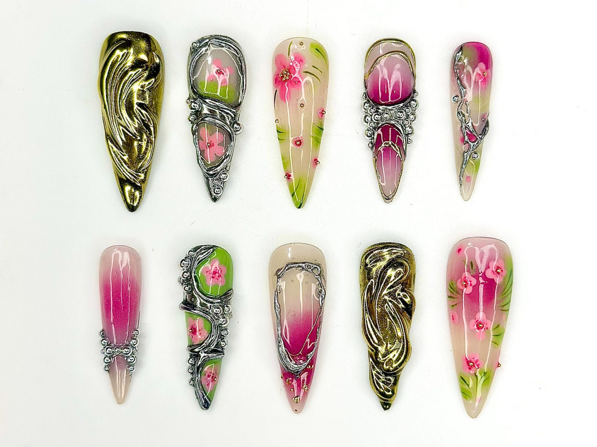 3D Luxury Floral Press On Nails Flower Gold Chrome Nails Handmade Statement Nail Art Elegant Long Press Ons