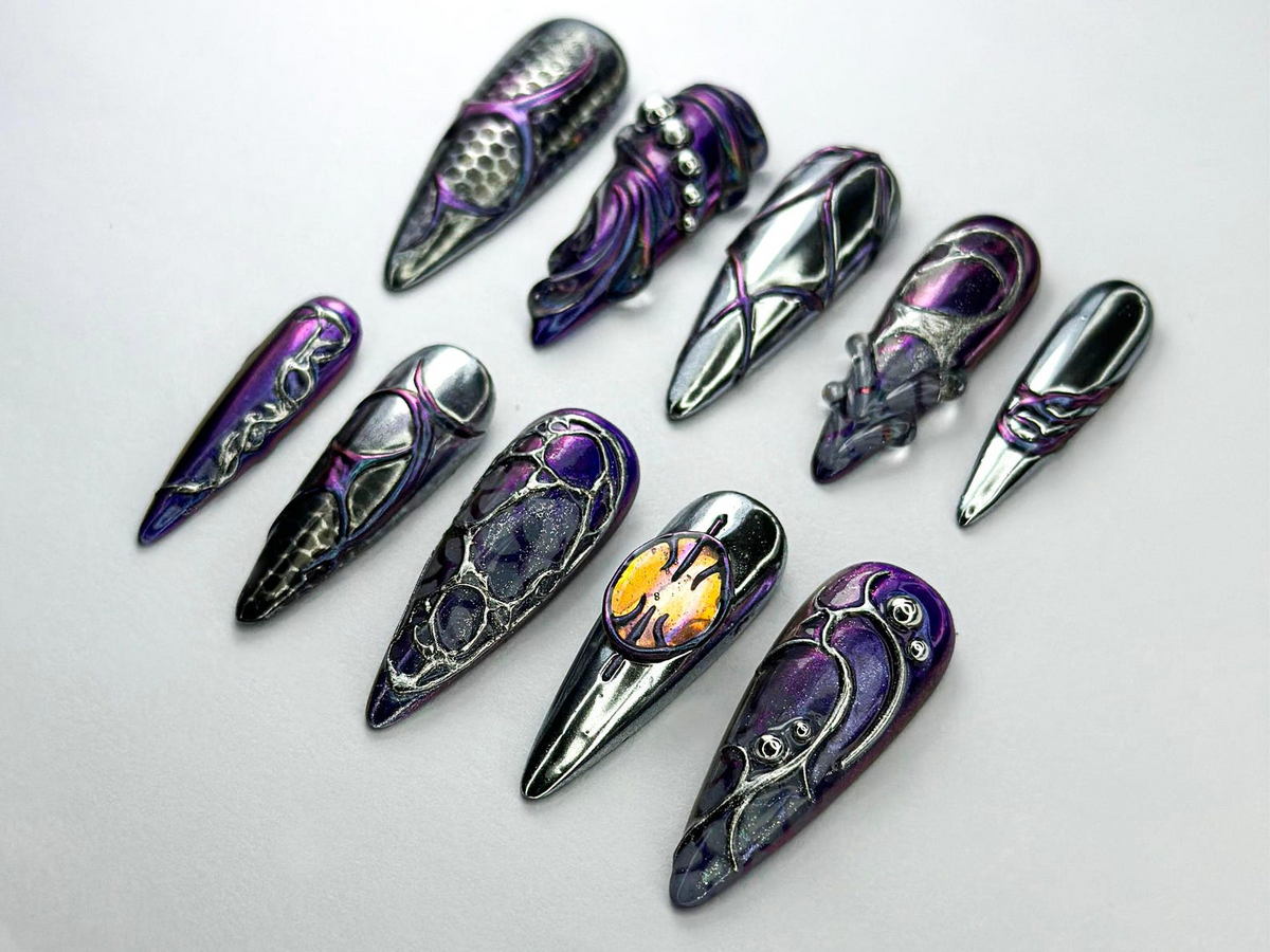 Metallic Dragon Scale Press-On Nails Gothic Fantasy Inspired Set Unique 3D Chrome Press-Ons Cyberpunk And Gothic Nails OB725HC