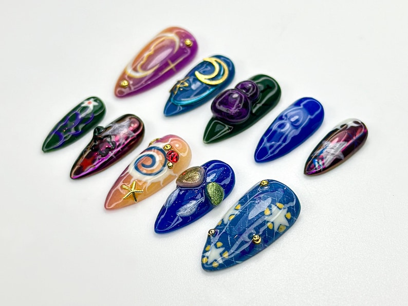 Galaxy Swirl Press On Nails Cosmic Star Moon Nail Art Mystical Space Inspired Nails Purple Blue Galaxy Tips Celestial Nail