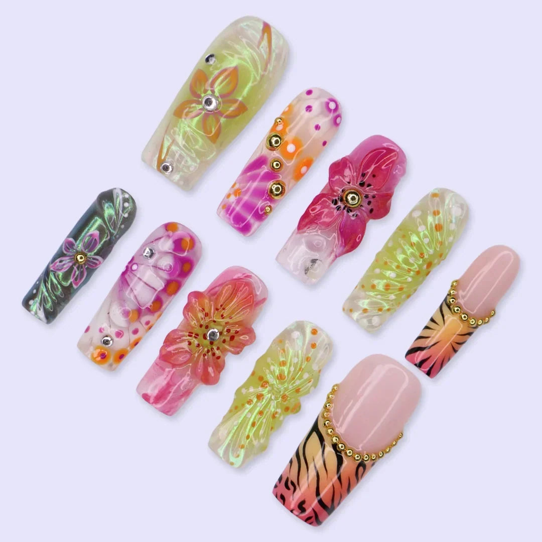 Jungle Mirage Floral Tropical Pink Orange Press On Nails