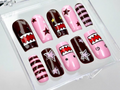 Kawaii Pink Monster Press On Nails Domo Character Nail Art Pink & Brown Cartoon Nails Cute Star Stripes Nails Handmade Nails