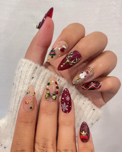 Luxe Christmas Press On Nails, Red Green Gold Christmas Nails, 3D Bow & Bell Nail Art