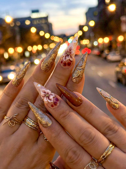 Luxury Gold Floral Press On Nails Spring Floral Crystal Nail Art Gold Sculpted Couture Nails Long Stiletto Nails