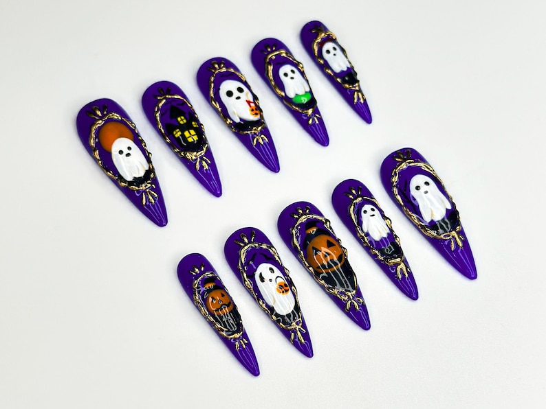 Purple Gothic Halloween Press On Nails, Ghost & Pumpkin Halloween Nail Design, Haunted