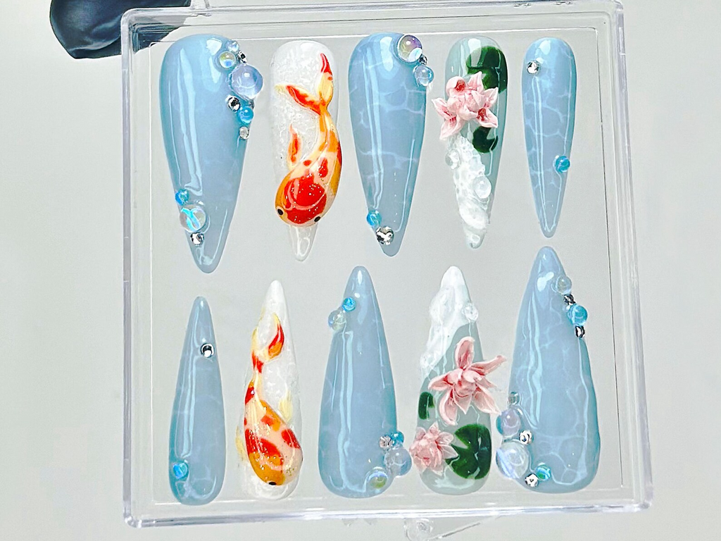 Koi Fish Press On Nails 3D Water Lily Fake Nails Japanese Koi Nail Art Ocean Theme Press Ons Goldfish & Lotus Nails