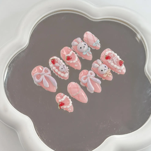 Soft Pink Bunny Press On Nails Kawaii Nail Art with Bows Handmade Pastel Nails Sweet Gift for Her